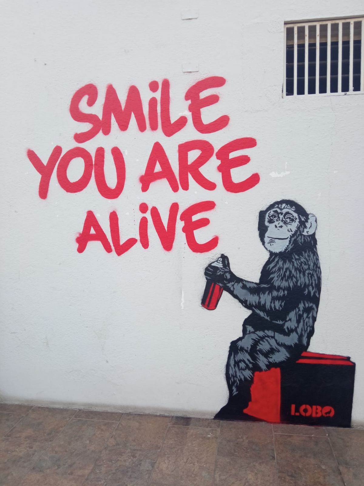 Mural «Smile you are alive» en rojo, con un chimpancé sentado con un spray, firmado por LOBO